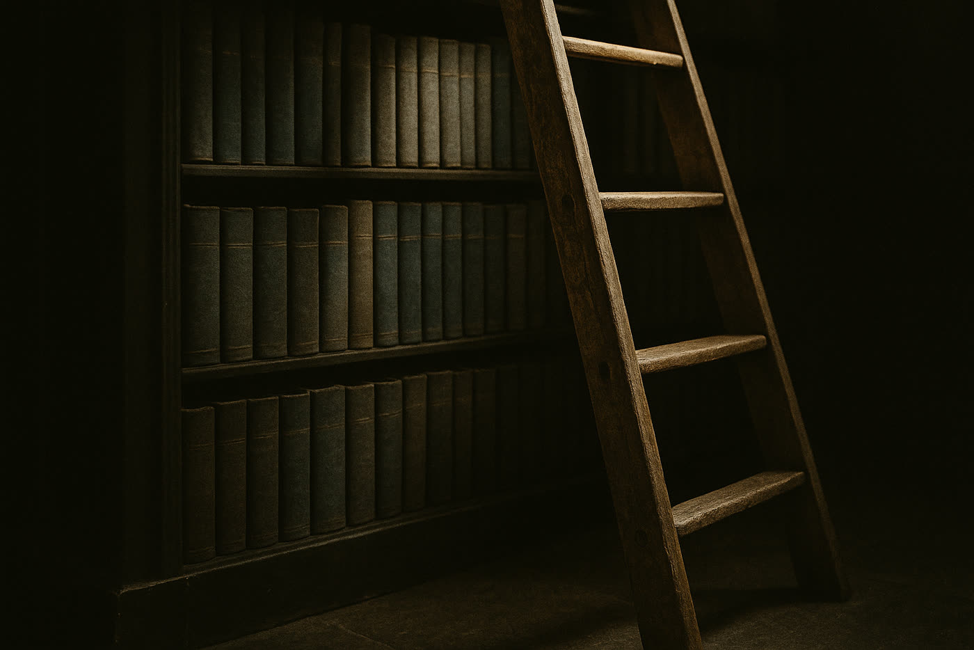 A wooden library ladder resting against a tall shelf of dark uniform bindings in low warm light, no titles legible.