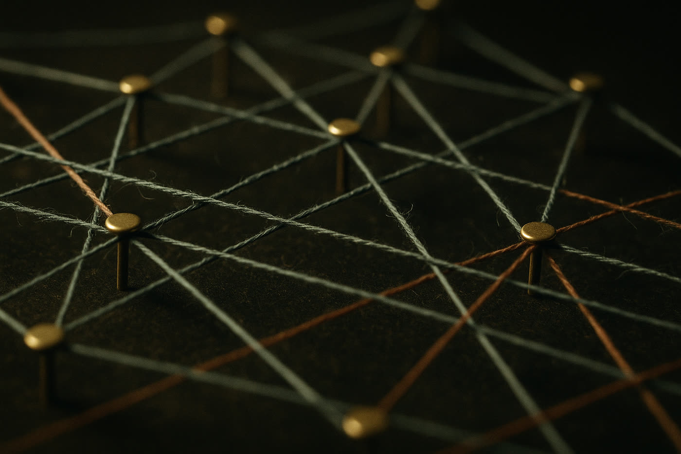 Brass pins pushed into a dark board with fine thread strung between them in an irregular lattice, lit at a raking angle.